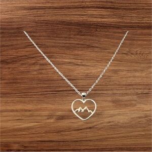 925 Sterling Silver Heart Mountain Silhouette Pendant Free Chain Necklace